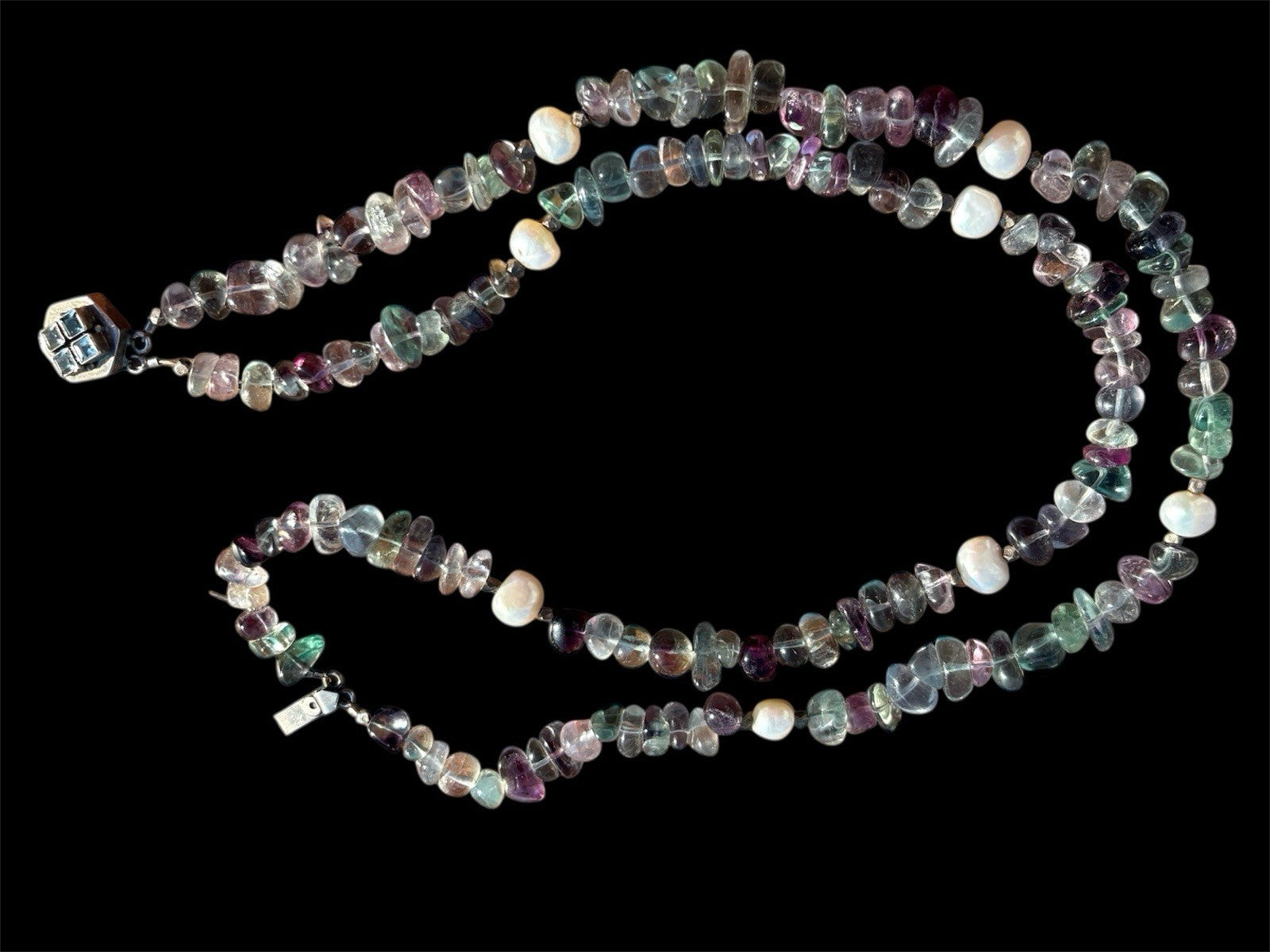 Fluorite Quartz Multi Strand Necklace Natural Gemstone Pearl Sterling Silver 16”
