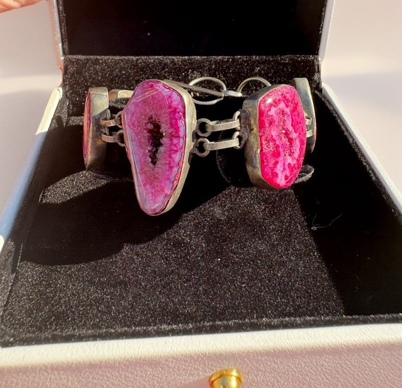 Sterling Silver Pink Druzy Geode Bracelet Artisan Organic Stone 7.25”
