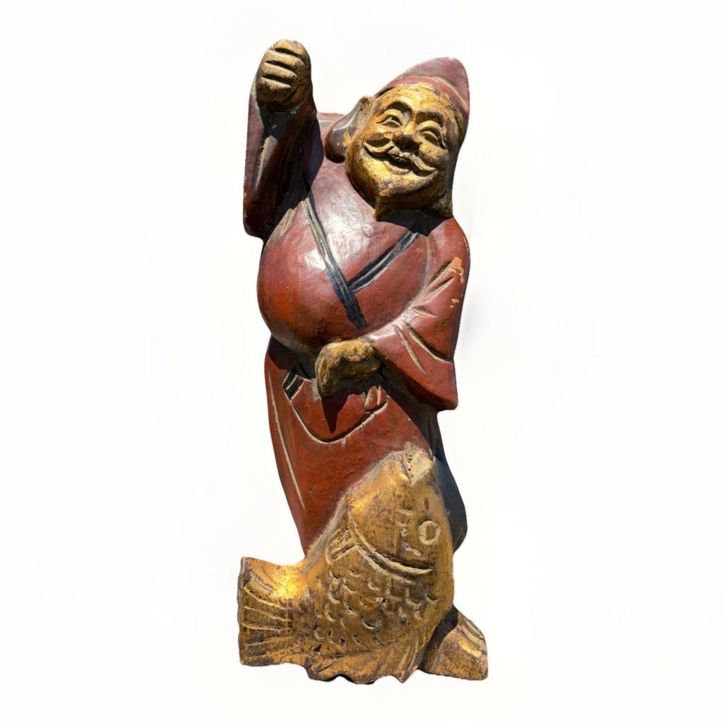 Antique Japanese Ebisu Fisherman Wood Carving Statue Folk Art Figure