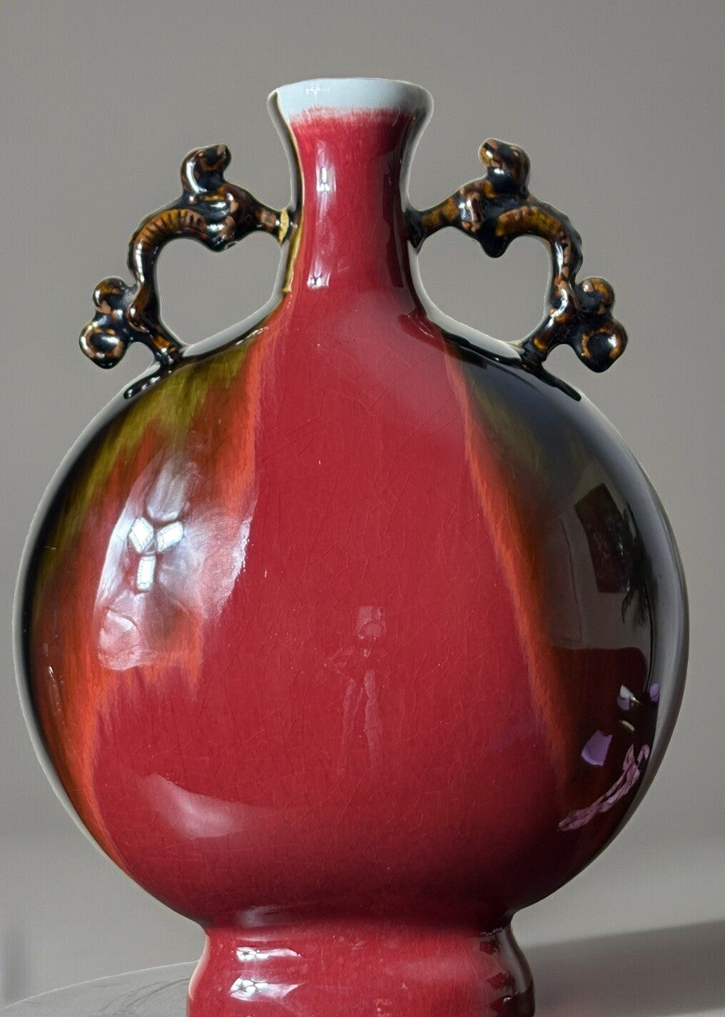 14” Chinese Oxblood Flambé Glaze Vase w/ Handles Crackle Base Qing Style Mark