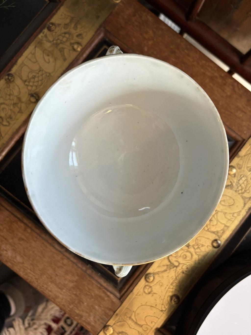 19thC Chinese Large Celedon Soup Dish & Plate With Flowers, Birds, Butterflies
