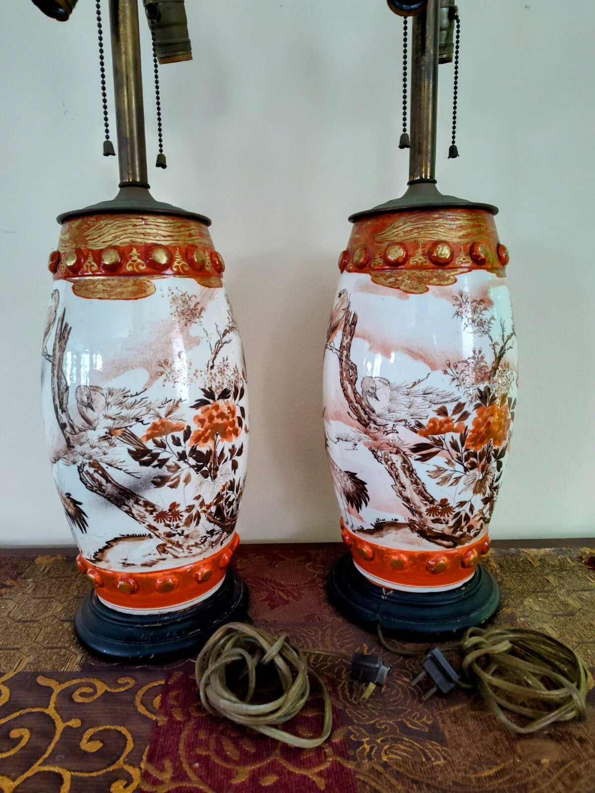 Pair Meiji Japanese Kutani Seizan Lamps, Gilt Birds & Cranes, Hand Painted