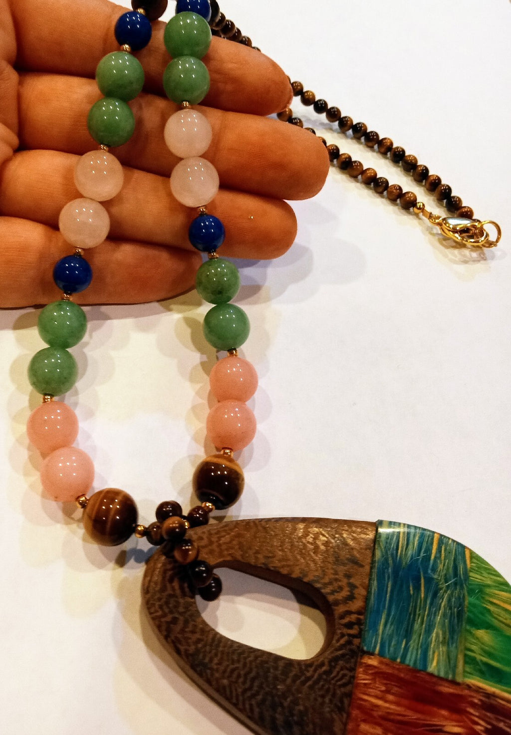 multigemstone Bohemian necklace with wood pendant