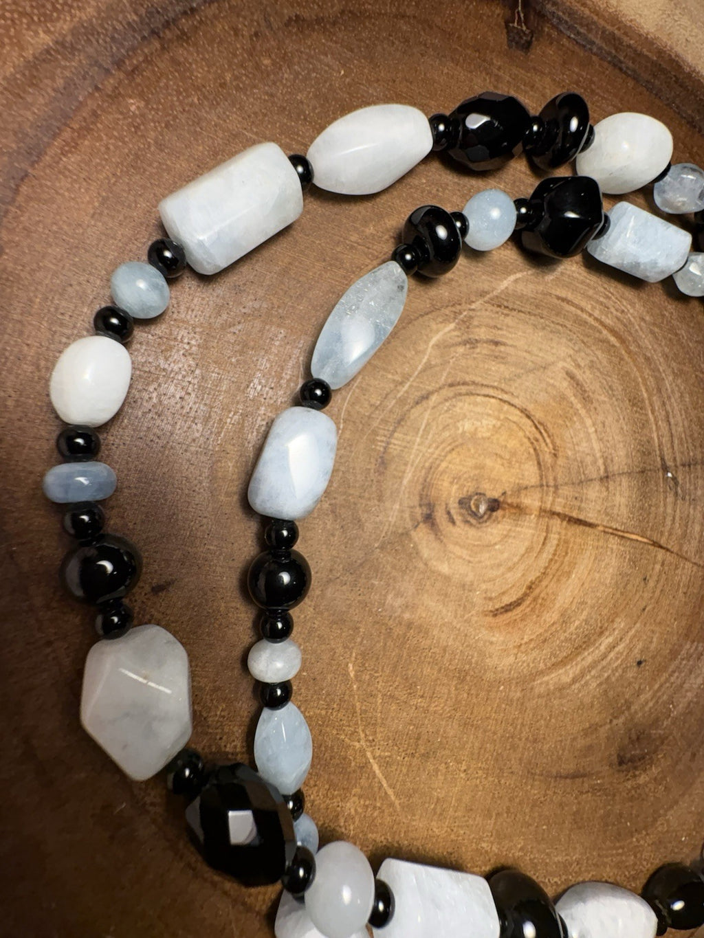 Vintage 34” Sterling Silver Beaded Necklace Aquamarine-Toned Stones & Black Onyx
