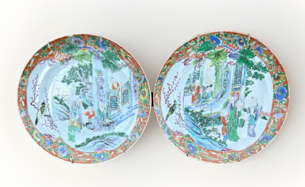 Pair Antique Chinese Famille Rose Figural Plates Qing 8”