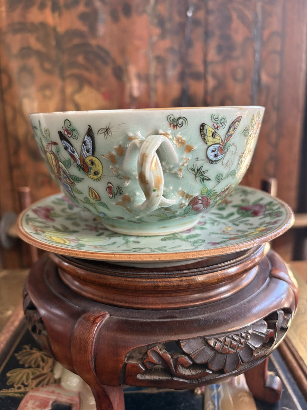 19thC Chinese Large Celedon Soup Dish & Plate With Flowers, Birds, Butterflies