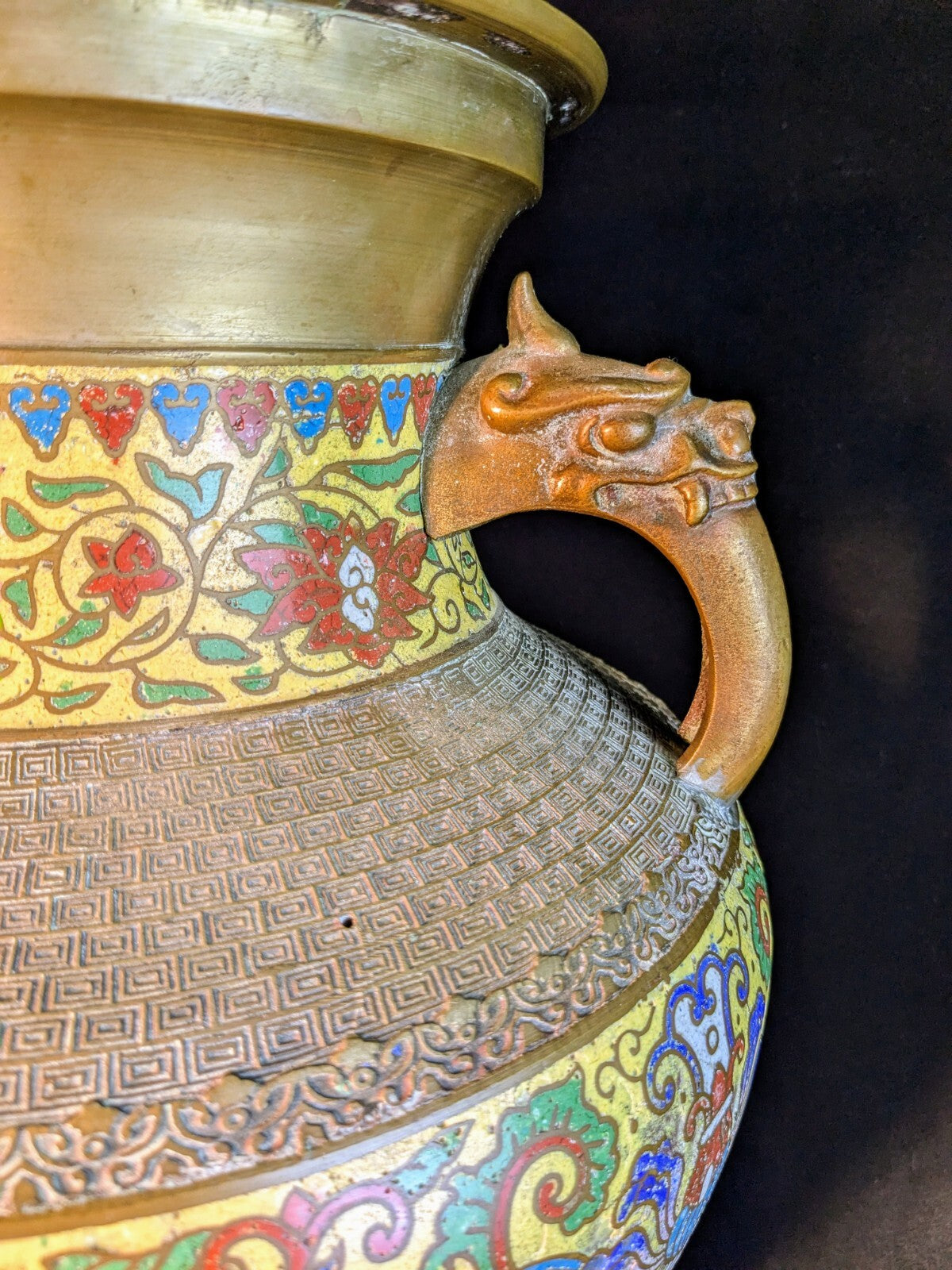 Japanese  Champlevé /Cloisonné Vase Bronze & Enamel 18" Height  12"Diameter
