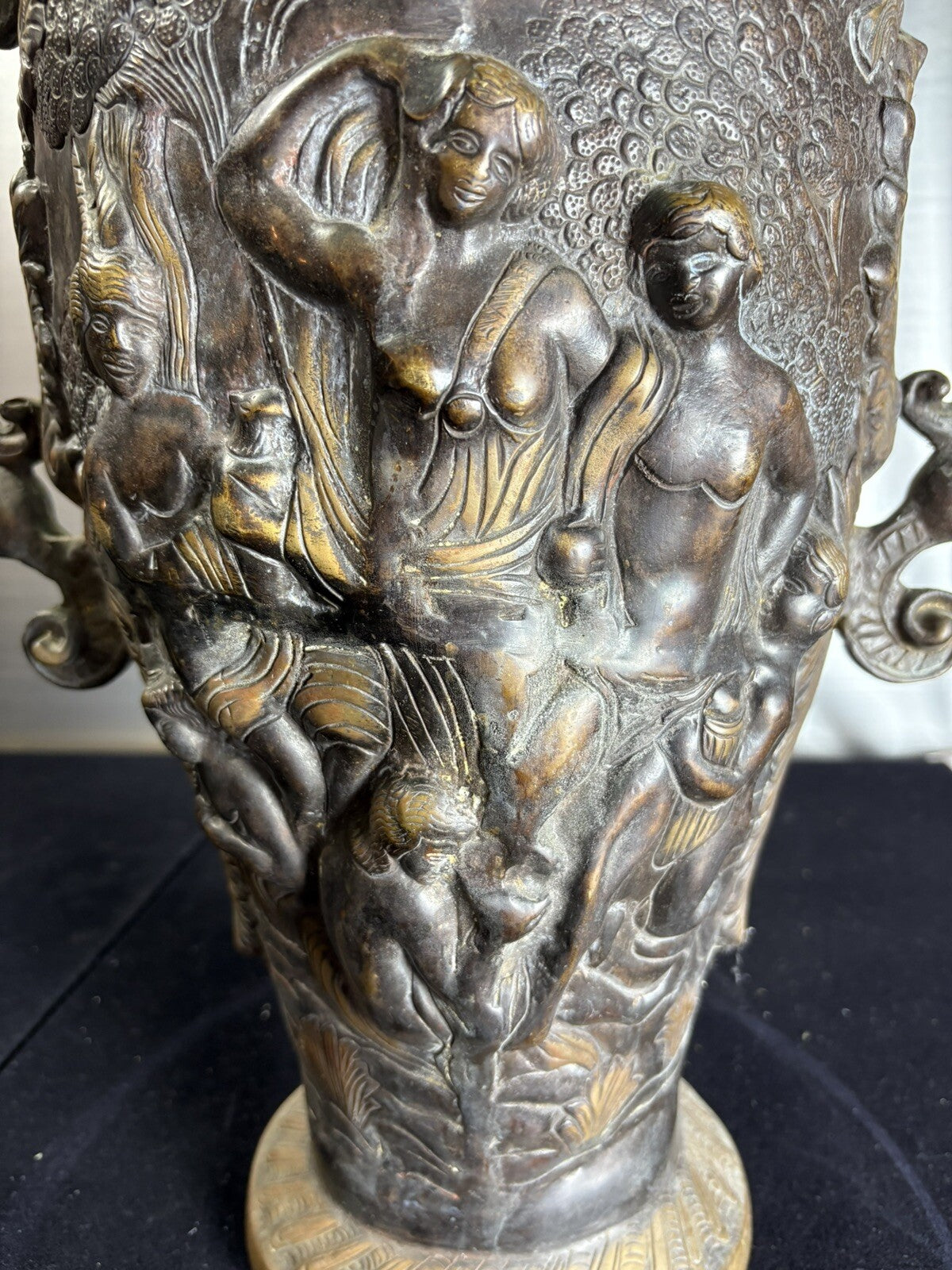 18” Rare Antique Bronze Urn Dragon Handles Mythological Relief 19th Century Art