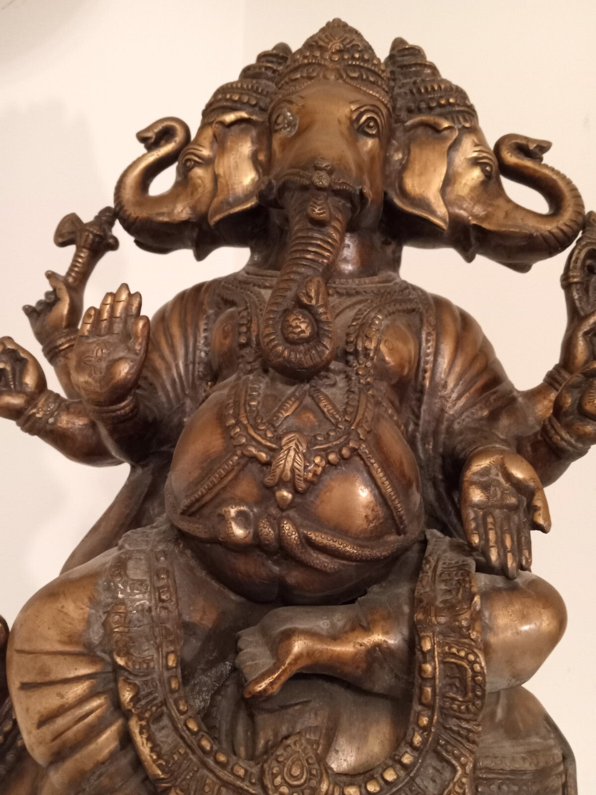 Antique Bronze 22” Three-Headed Ganesha Hindu Statue – Vighnaharta Riding Mouse