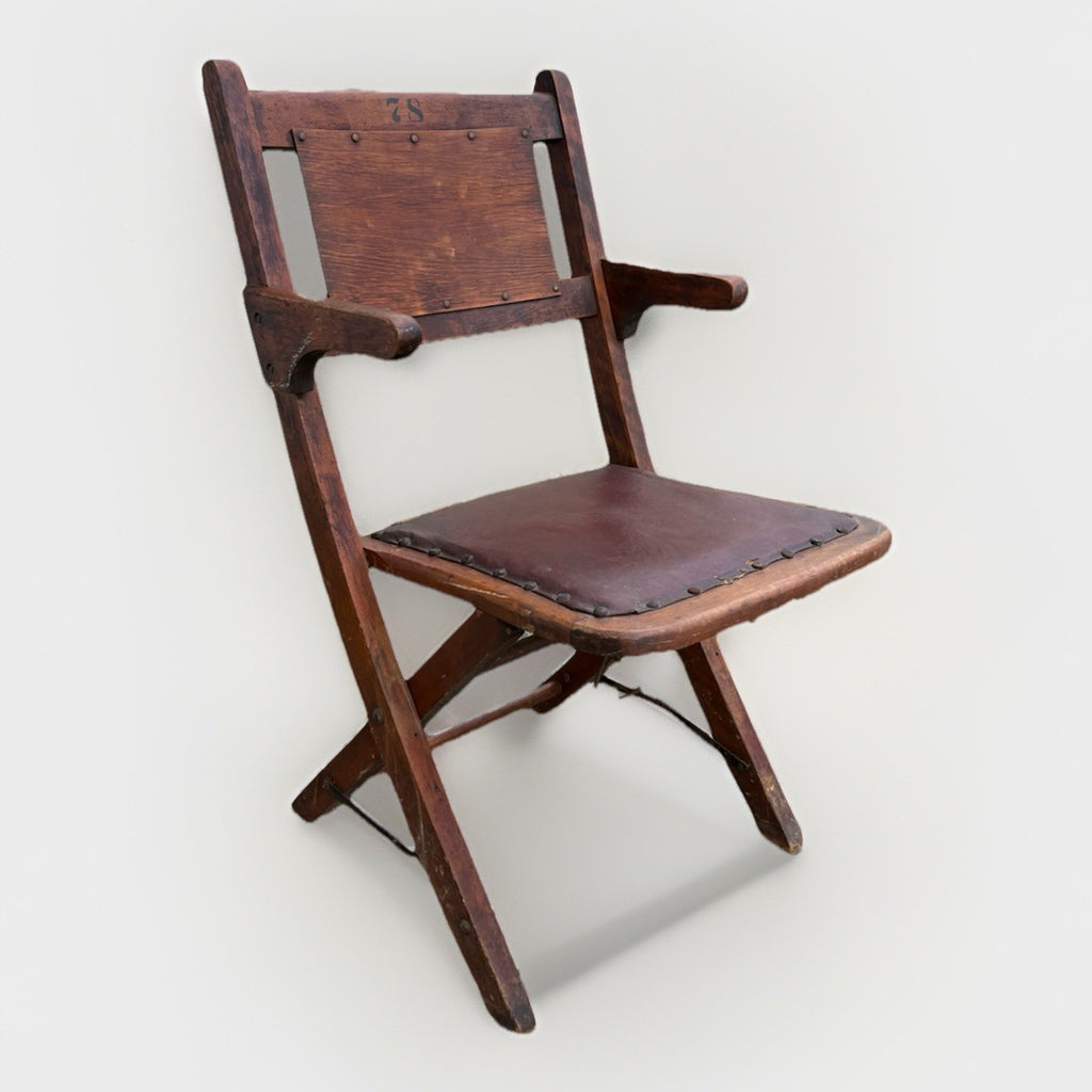 Antique Wooden Folding Chair w/ Leather Seat – Primitive Industrial Stenciled 78
