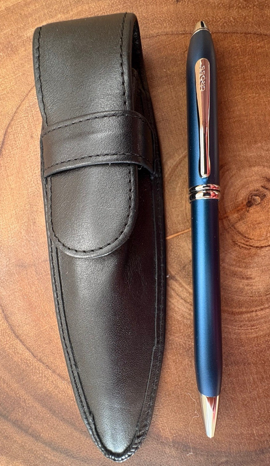 Cross Blue Satin Chrome Ballpoint Pen w/  Leather Case
