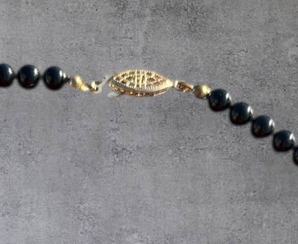 Vintage Black Onyx Beaded Necklace Cloisonné Floral Beads Gold Tone