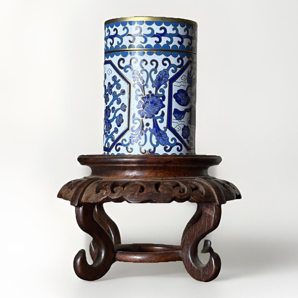 Antique Cloisonne Blue & White Birds &Flower Copper Tea Jar 4”