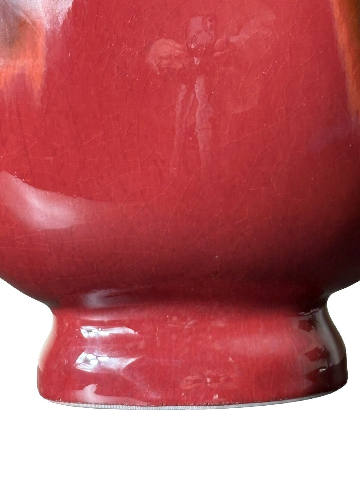 14” Chinese Oxblood Flambé Glaze Vase w/ Handles Crackle Base Qing Style Mark