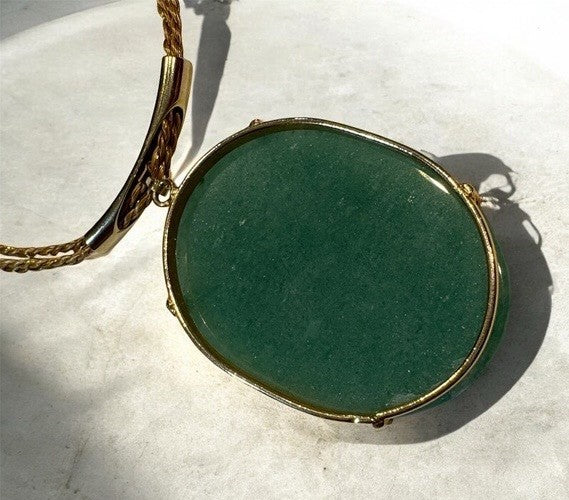 Large Green Aventurine Pendant Necklace on Braided Gold-Tone Chain-Boho