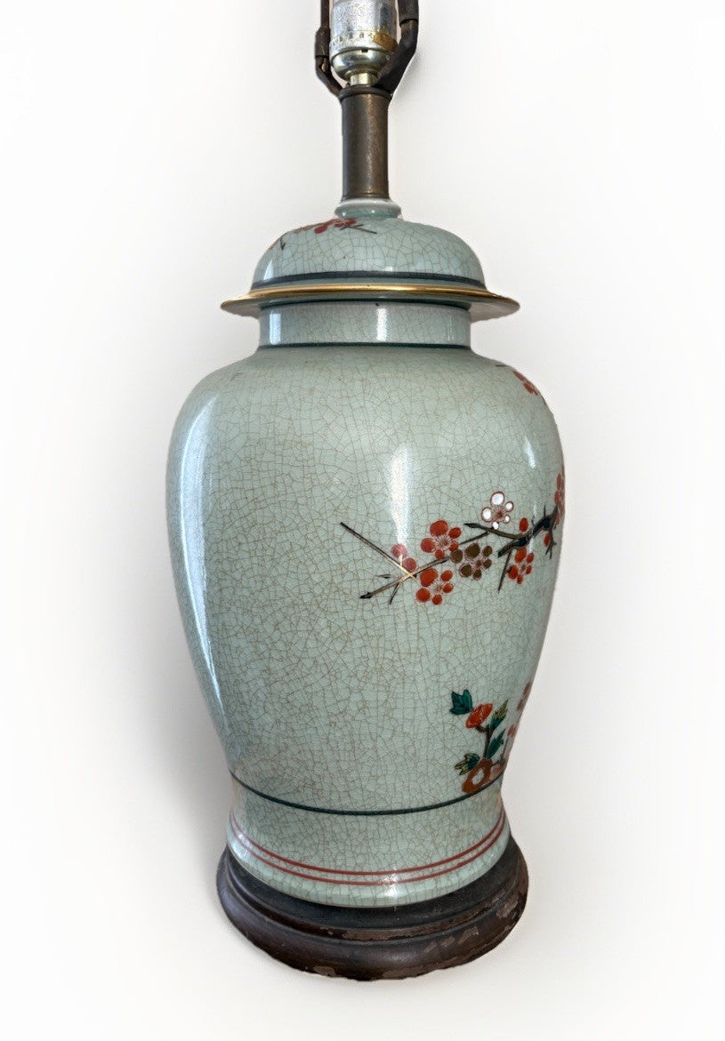 Vintage Chinese Celadon Crackle Ginger Jar Lamp Birds Blossoms Gilt