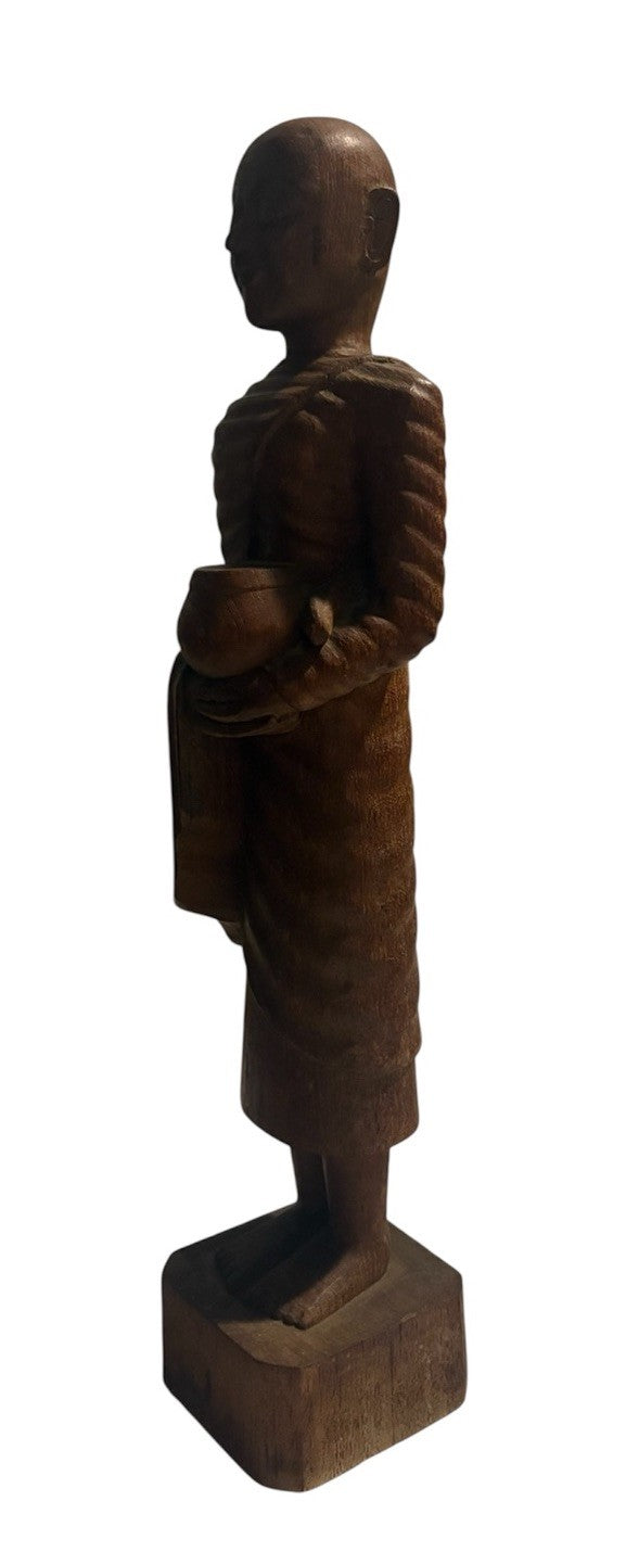 Hand Carved Wooden Buddhist Monk Statue 13” Thai Buddha Figure Alms Bowl