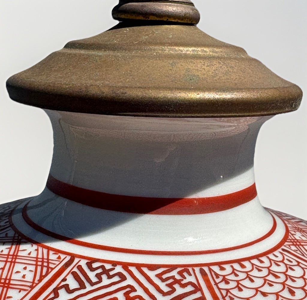 Vintage Japanese Pair Porcelain Chinoiserie Lamps, Hand-Painted Red & White