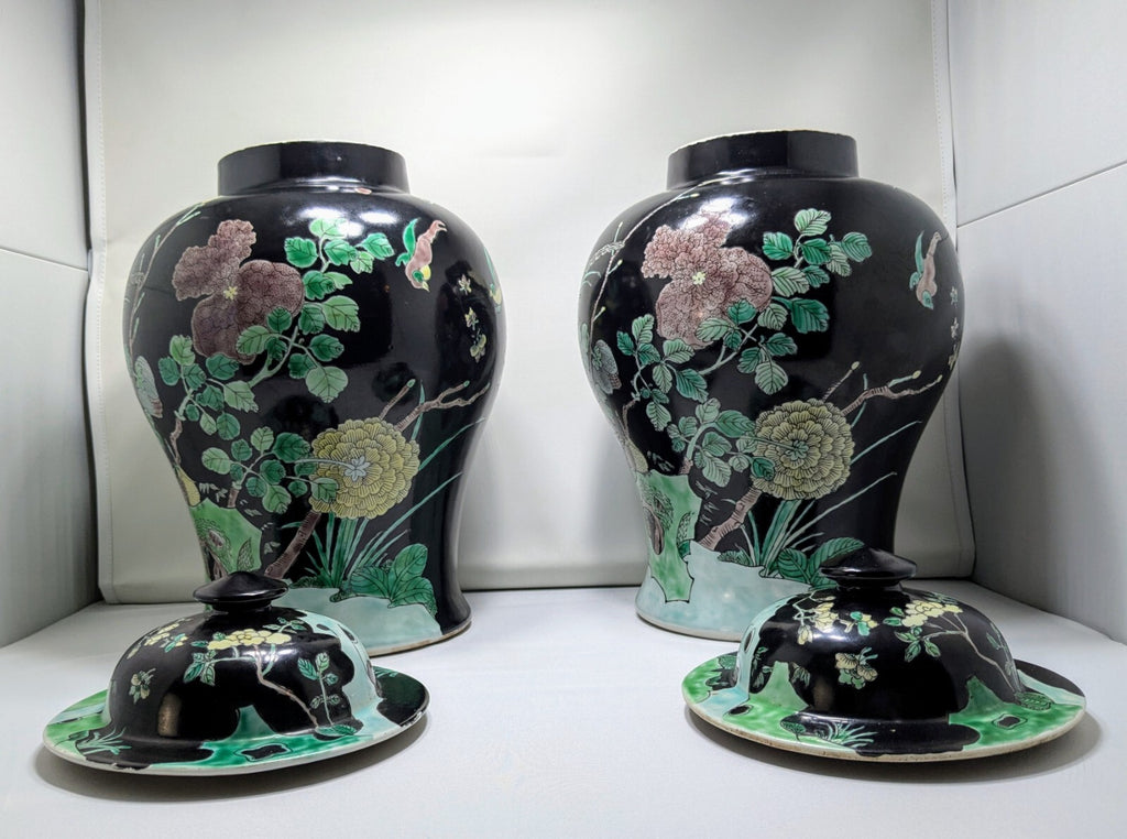Pair Antique Chinese Famille Noire porcelain Lidded Jars-kangxi Mark Qing Black