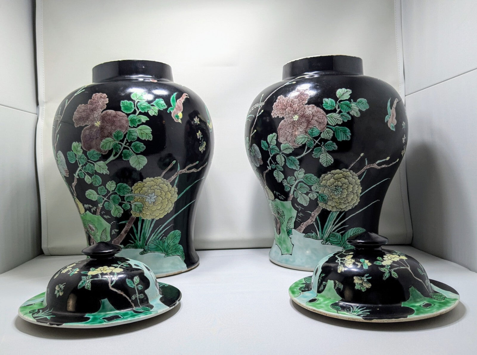 Pair Antique Chinese Famille Noire porcelain Lidded Jars-kangxi Mark Qing Black