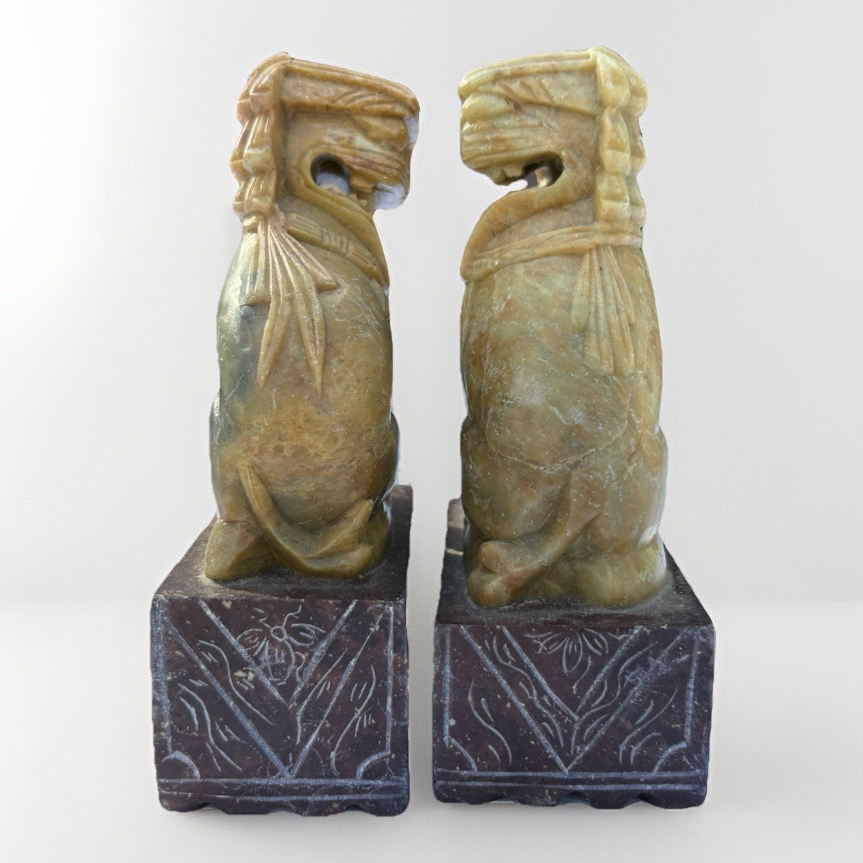 Vintage STONE FOO DOGS: Pair of Carved Stone Foo Dog.