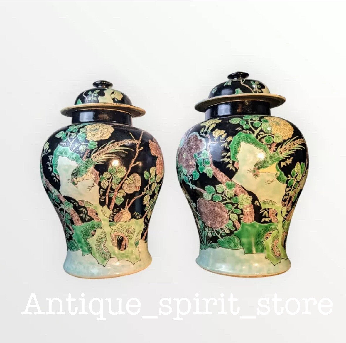 Pair Antique Chinese Famille Noire porcelain Lidded Jars-kangxi Mark Qing Black
