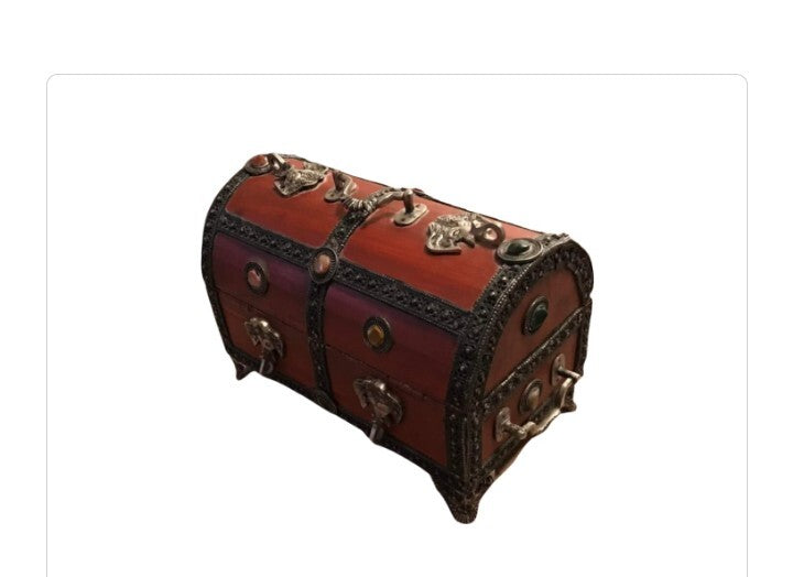 Tibetan Brass Inlaid Wooden Chest Box elephant Handles Gem Accents Vintage