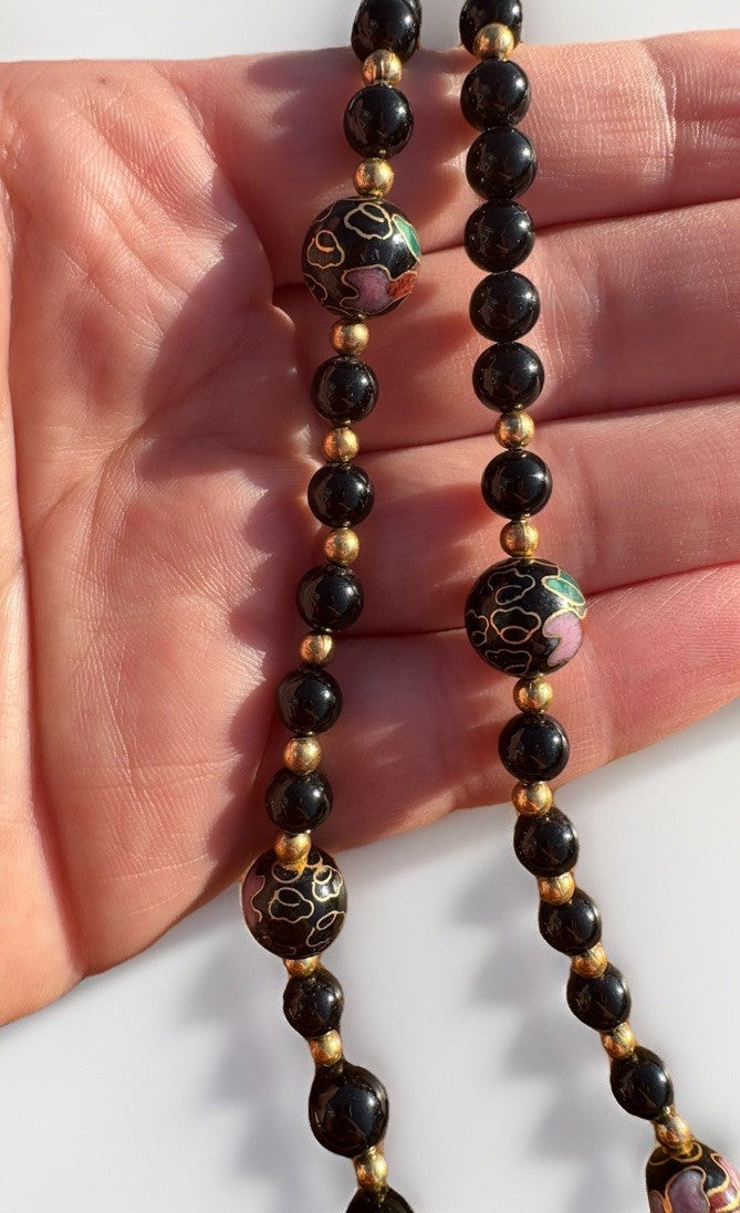 Vintage Black Onyx Beaded Necklace Cloisonné Floral Beads Gold Tone