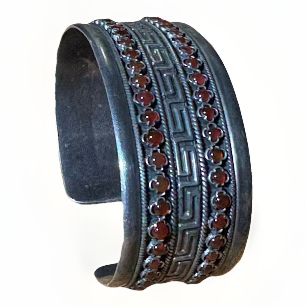 KRISSO Greece Sterling 925 Carnelian Cuff Bracelet • Greek Key • Vintage Artisan