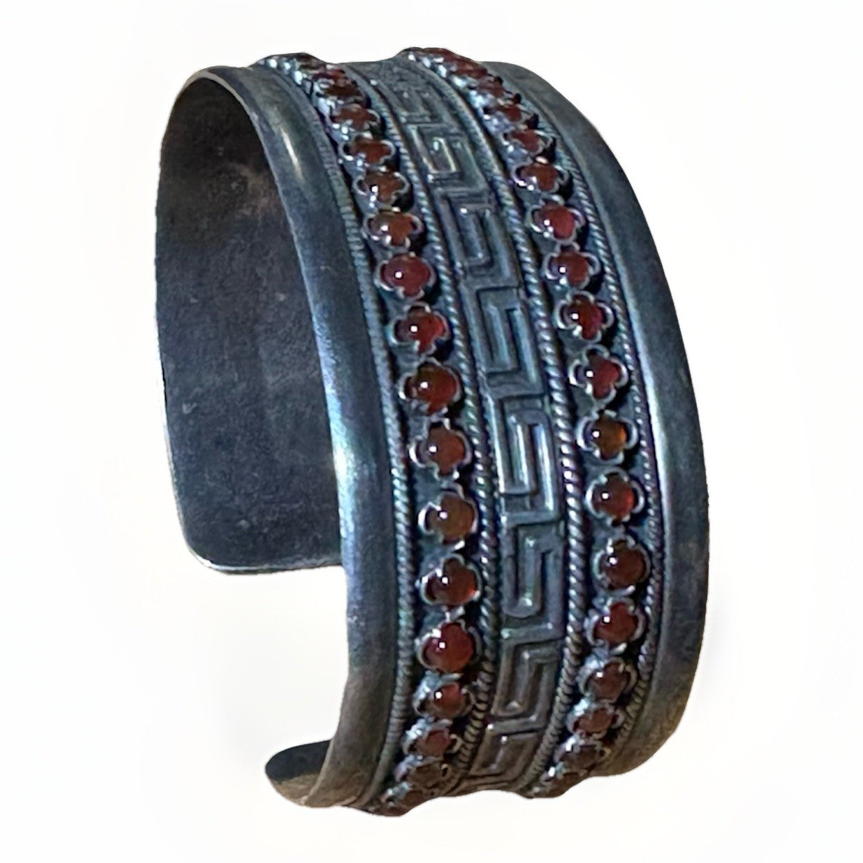 KRISSO Greece Sterling 925 Carnelian Cuff Bracelet • Greek Key • Vintage Artisan