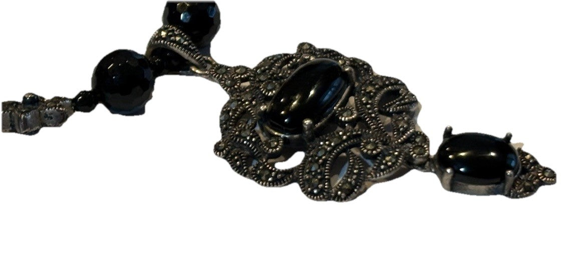VTG Gothic 925 Sterling Marcasite Pendant Necklace Black Beads Signed