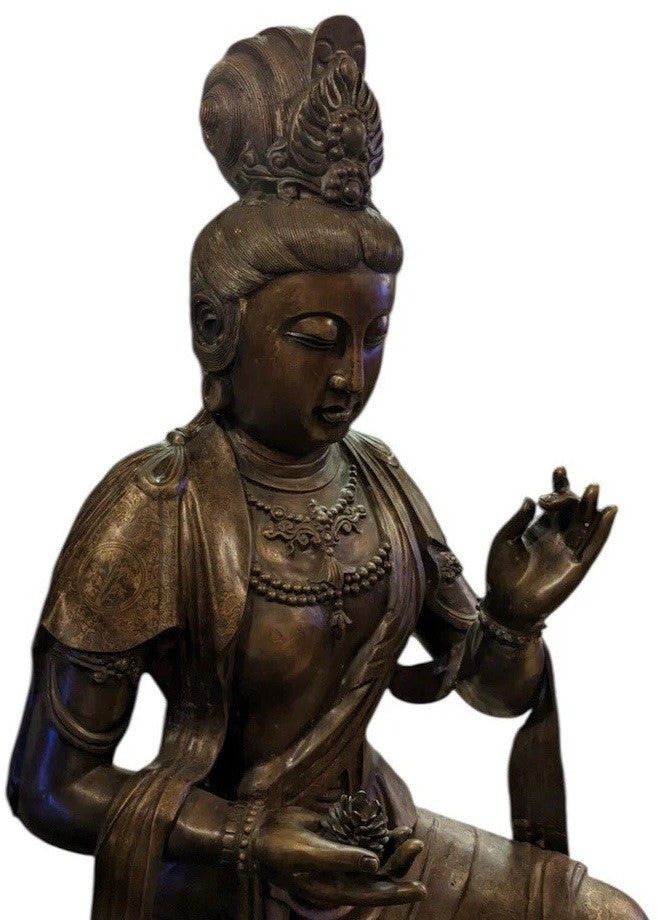 Monumental 5ft Chinese Bronze Guanyin Statue, Ming Xuande Mark, Gilded Robes 19c