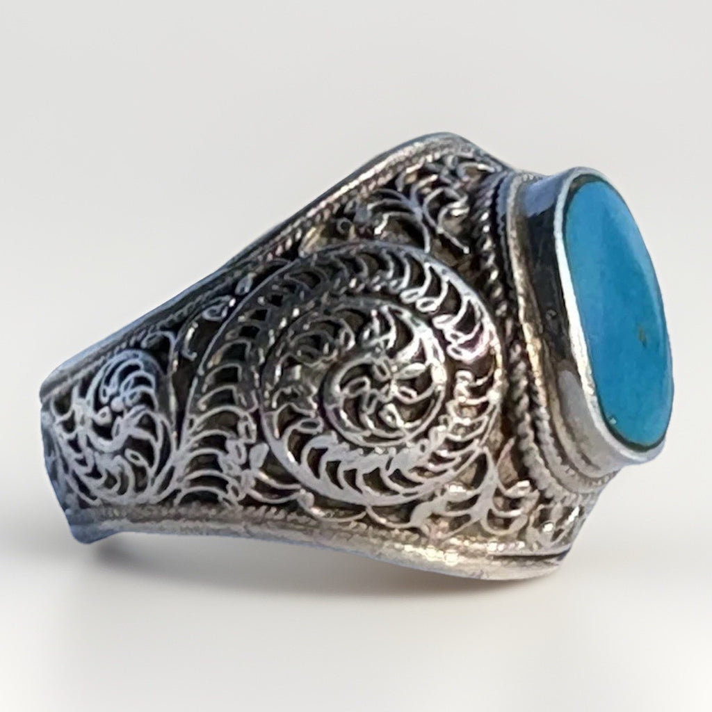 Bold Sterling Silver Turquoise Filigree Statement Ring Vintage Artisan Size 9