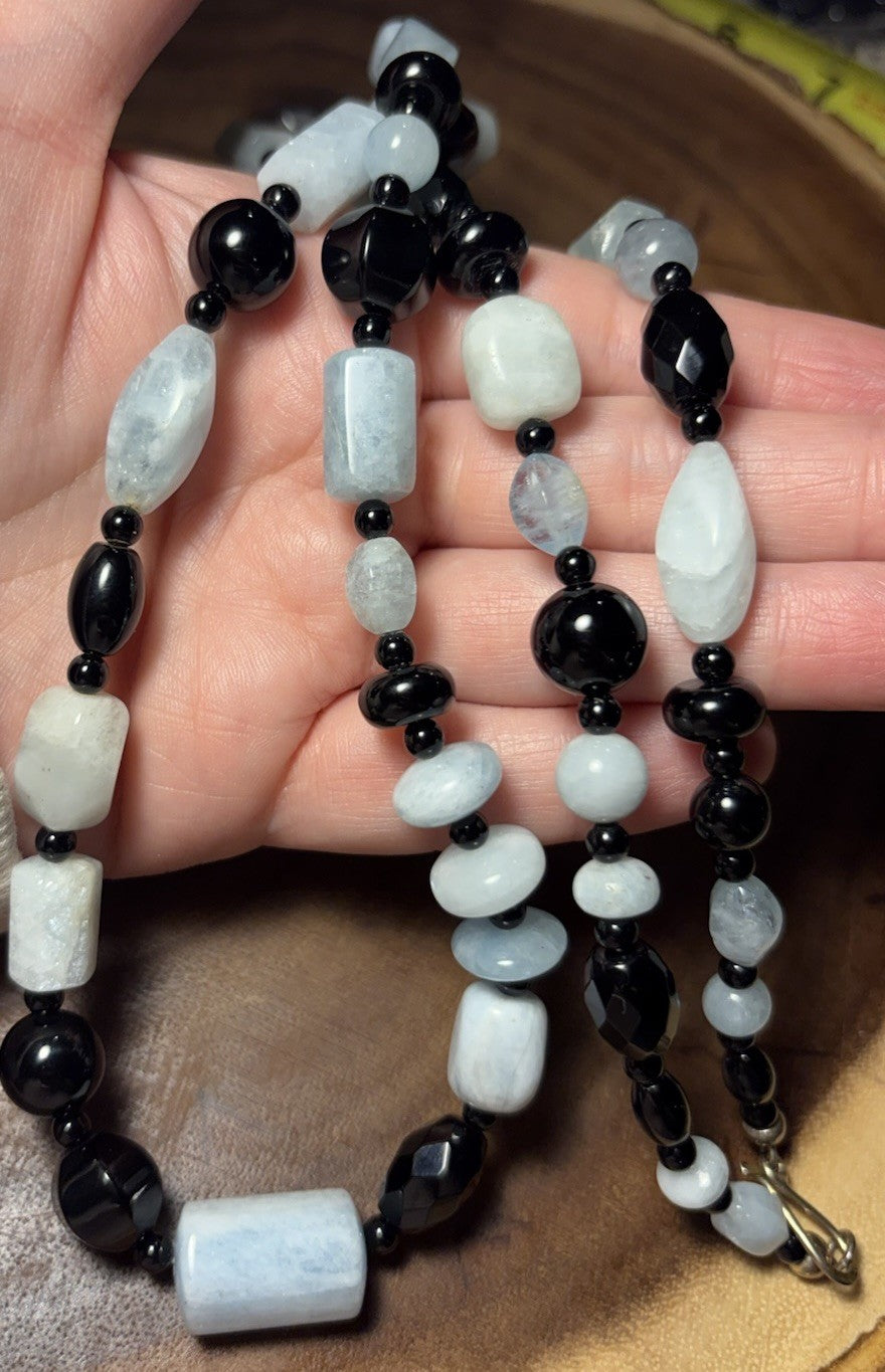 Vintage 34” Sterling Silver Beaded Necklace Aquamarine-Toned Stones & Black Onyx