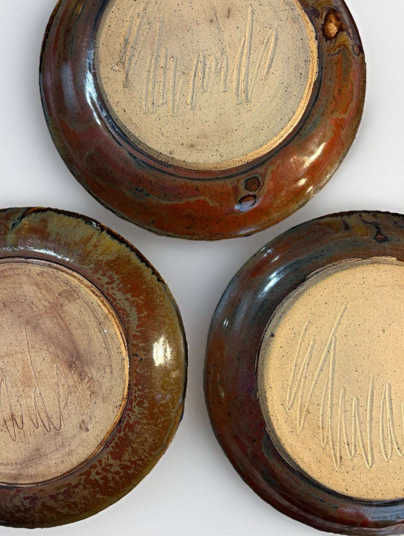 Signed Joel Edwards Studio Pottery Plate Set MCM California Art Set Of 3 8.5”
