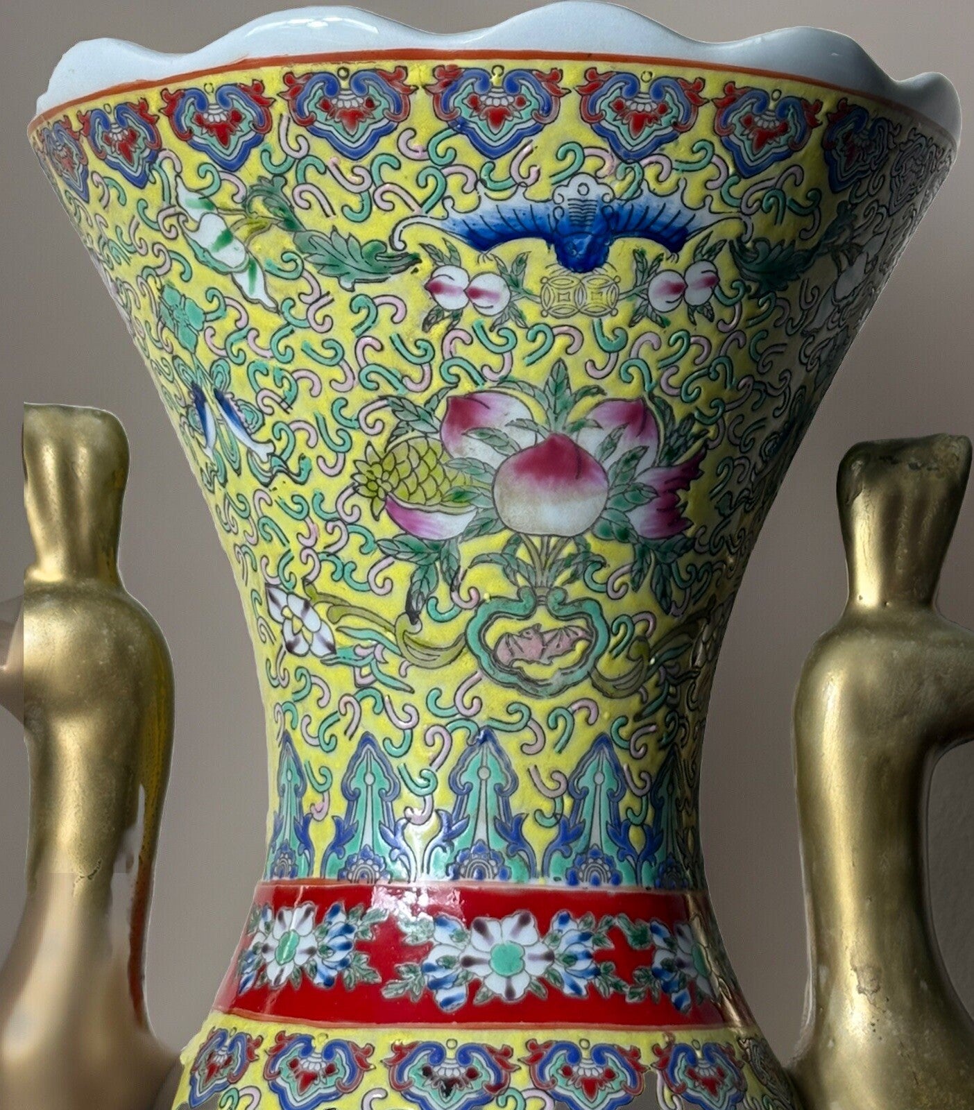 Antique Chinese Famille Rose Yellow Ground Vase w/ Gilt Phoenix Handles 15”