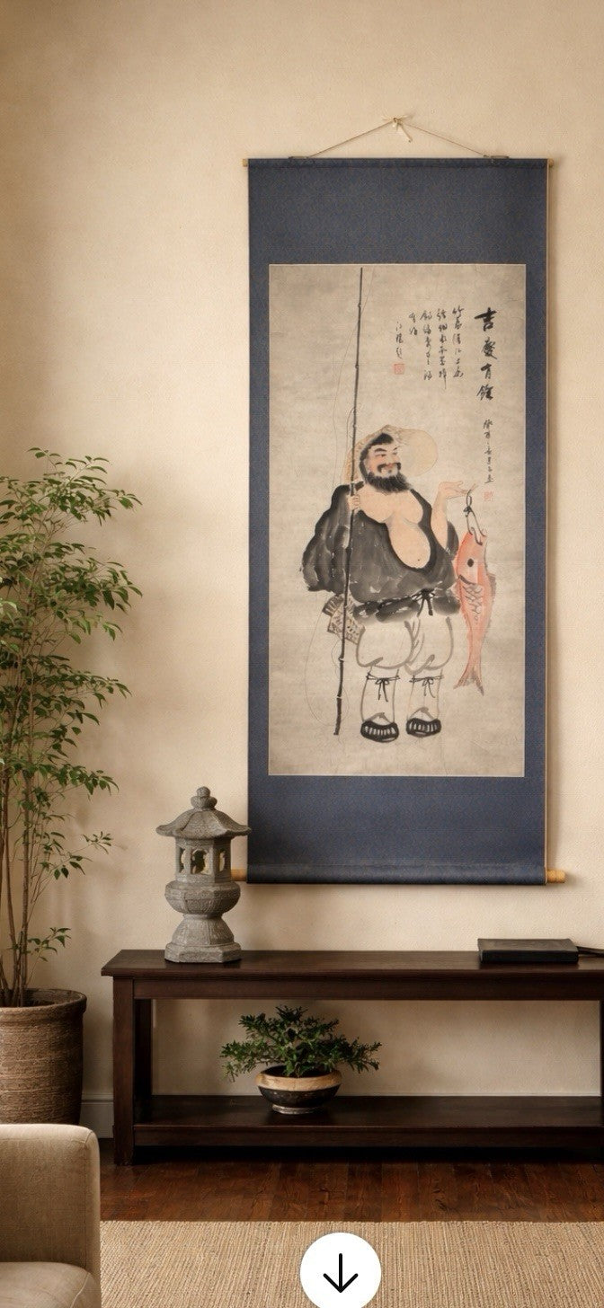 Antique Asian Scroll Painting of a Fisherman- Ink, Color & Calligraphy
