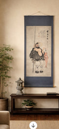 Antique Asian Scroll Painting of a Fisherman- Ink, Color & Calligraphy