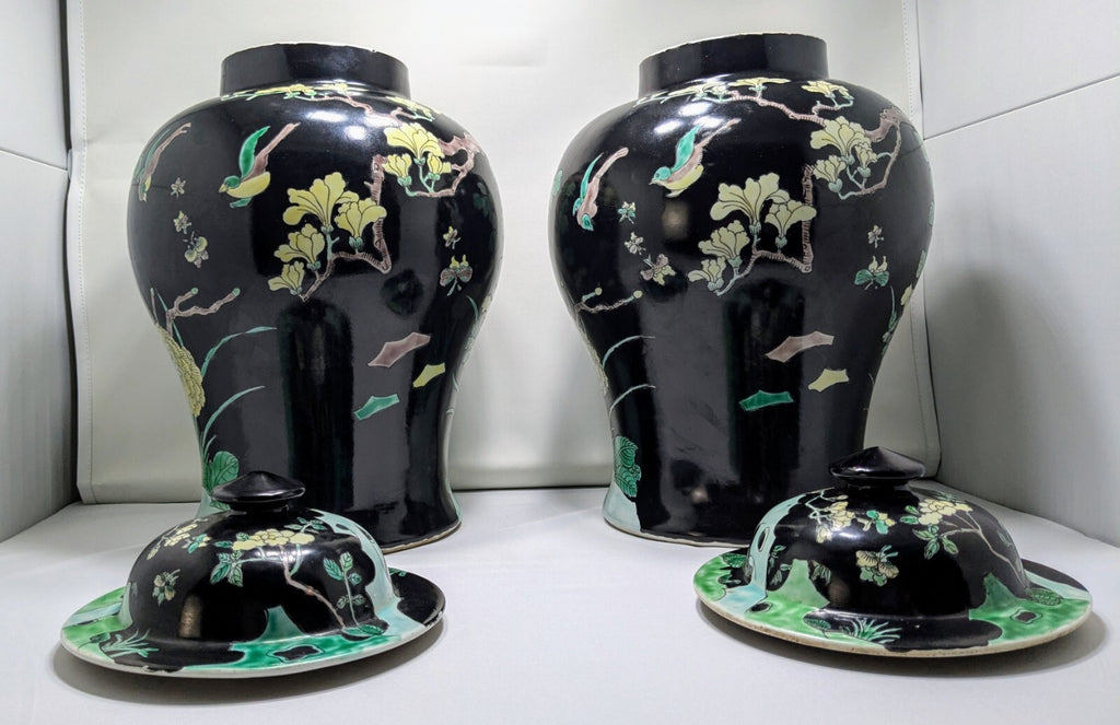 Pair Antique Chinese Famille Noire porcelain Lidded Jars-kangxi Mark Qing Black