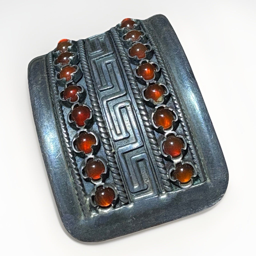 KRISSO Greece Sterling 925 Carnelian Cuff Bracelet • Greek Key • Vintage Artisan