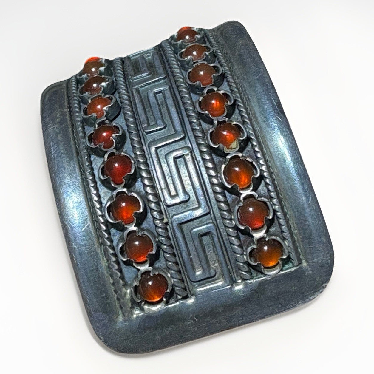 KRISSO Greece Sterling 925 Carnelian Cuff Bracelet • Greek Key • Vintage Artisan