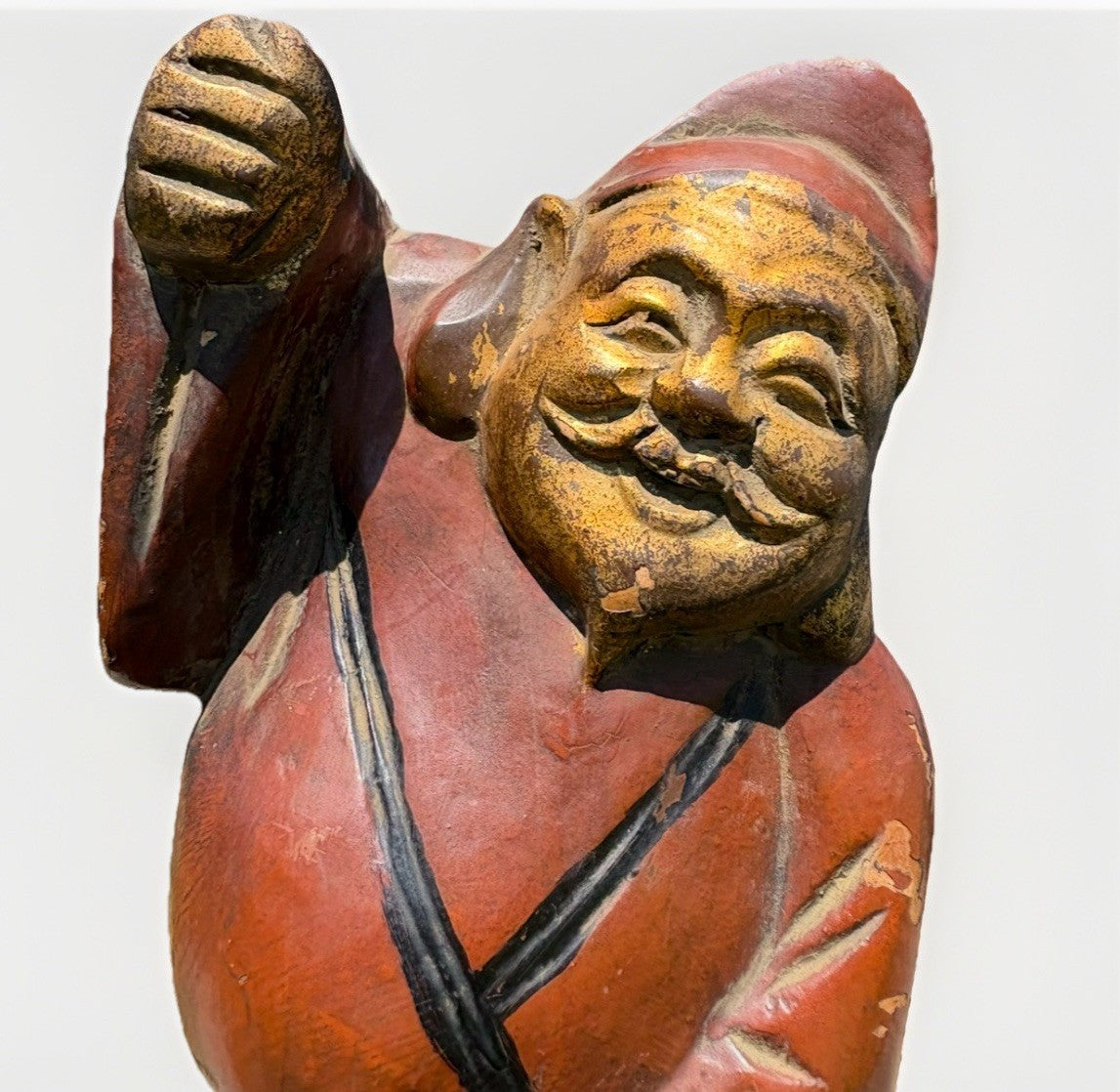 Antique Japanese Ebisu Fisherman Wood Carving Statue Folk Art Figure