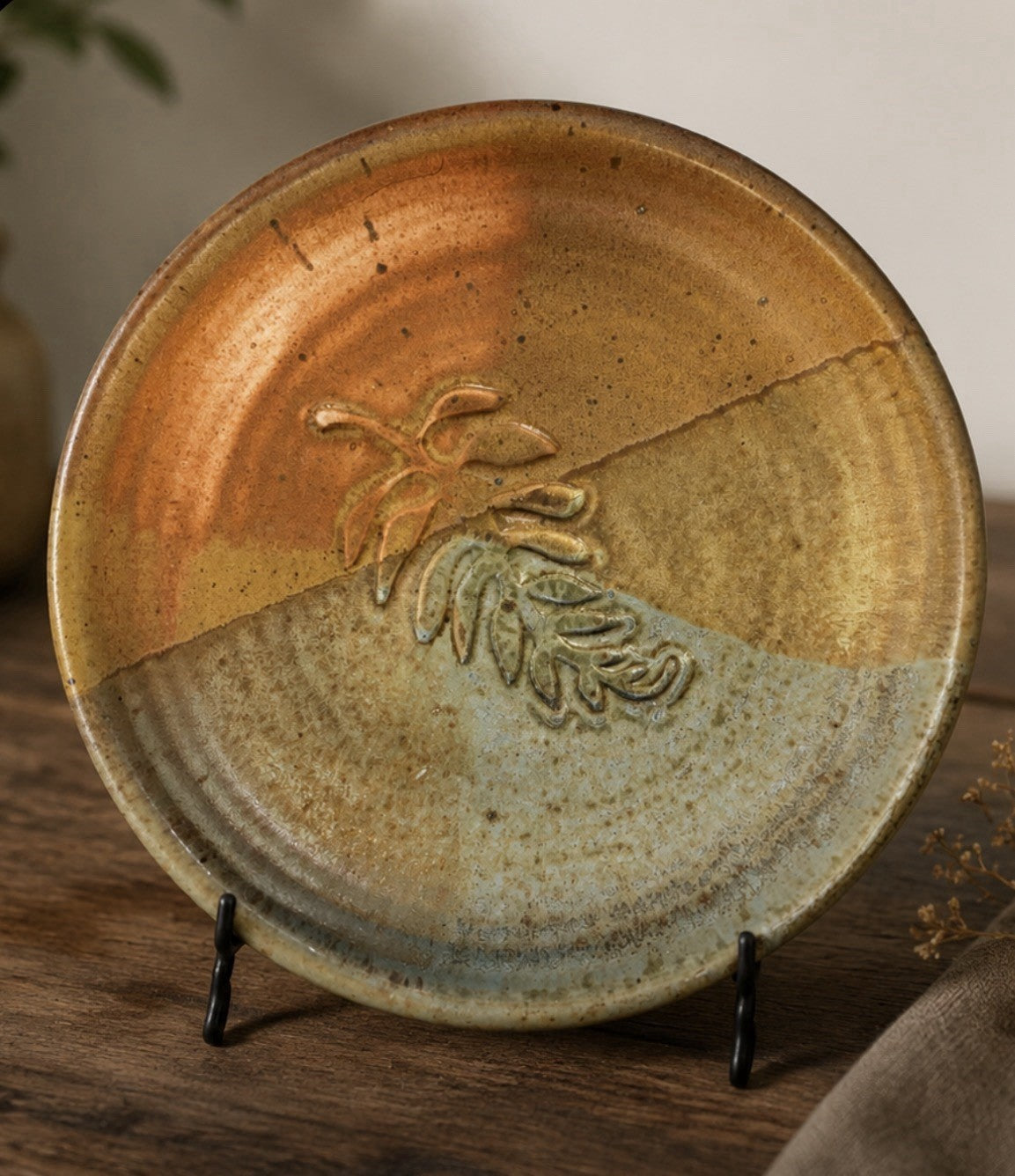 MCM Signed Joel Edward Studio Pottery Leaf Accent Plate 8”