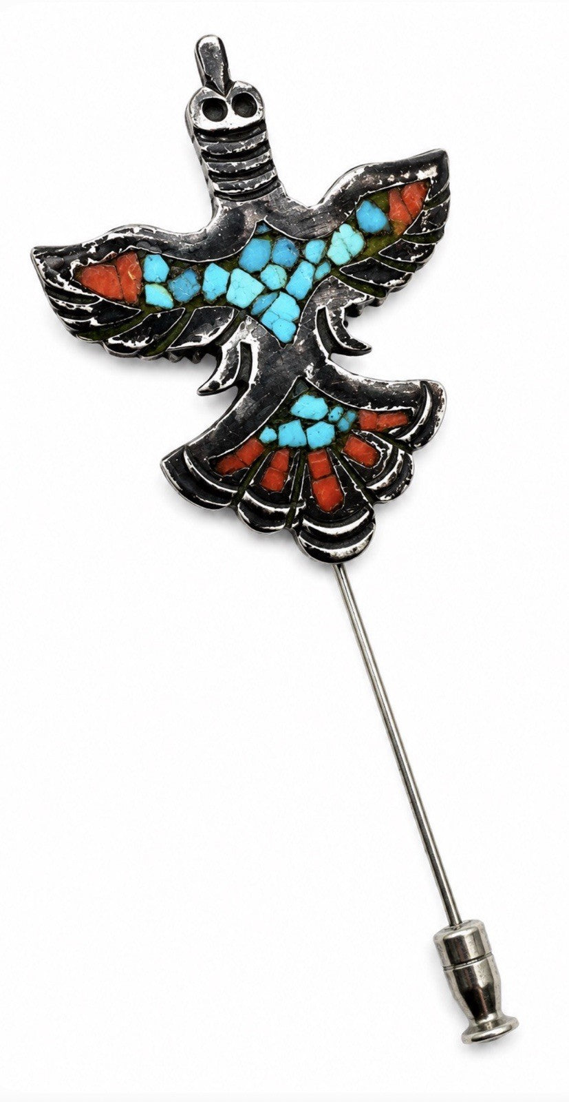 Vintage Native American Thunderbird Inlay Stick Pin Turquoise Coral
