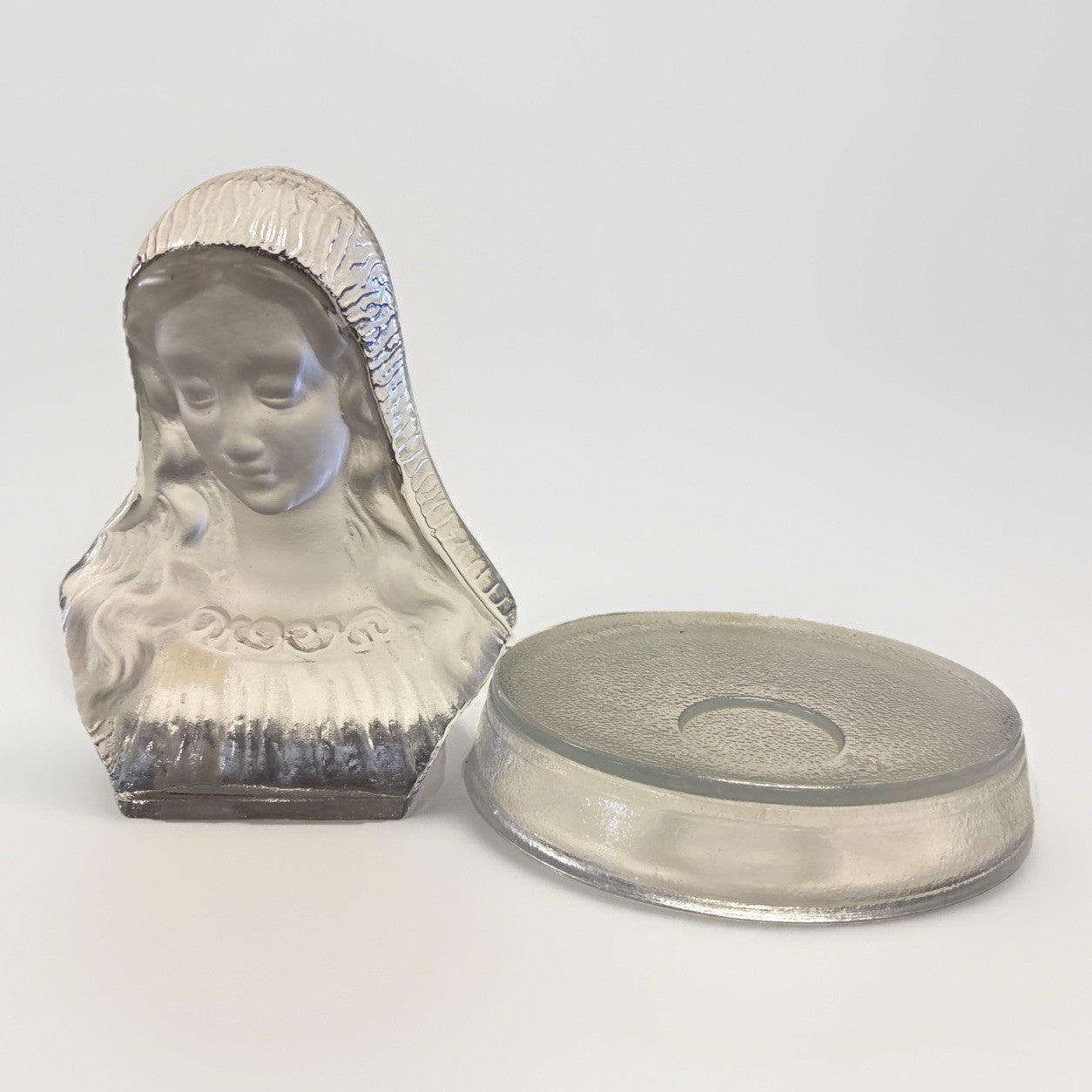Vintage Frosted Glass Virgin Mary Sculpture Figurine by Viking W Candle Stand