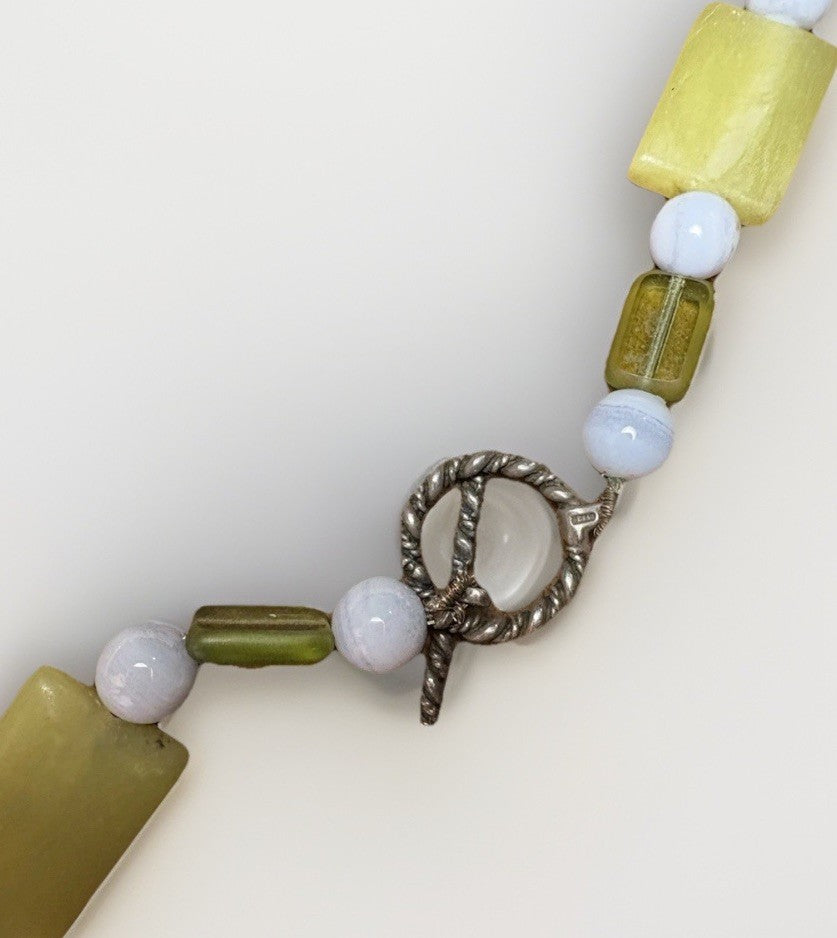 17” Beaded Necklace Yellow Stone, Blue Chalcedony & Sterling Silver Toggle