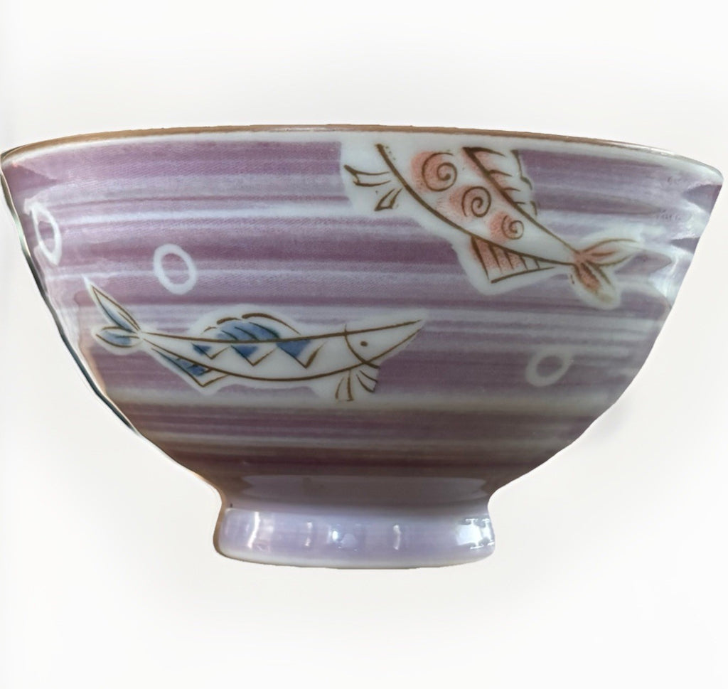 Vintage Japanese Porcelain Rice Bowl Lavender Fish Motif Japan