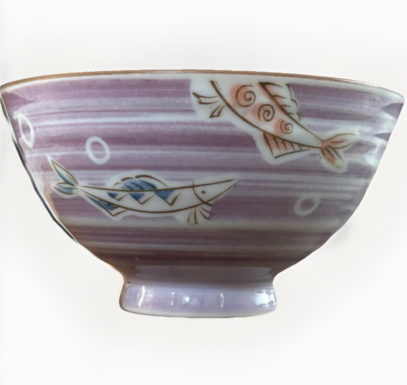 Vintage Japanese Porcelain Rice Bowl Lavender Fish Motif Japan