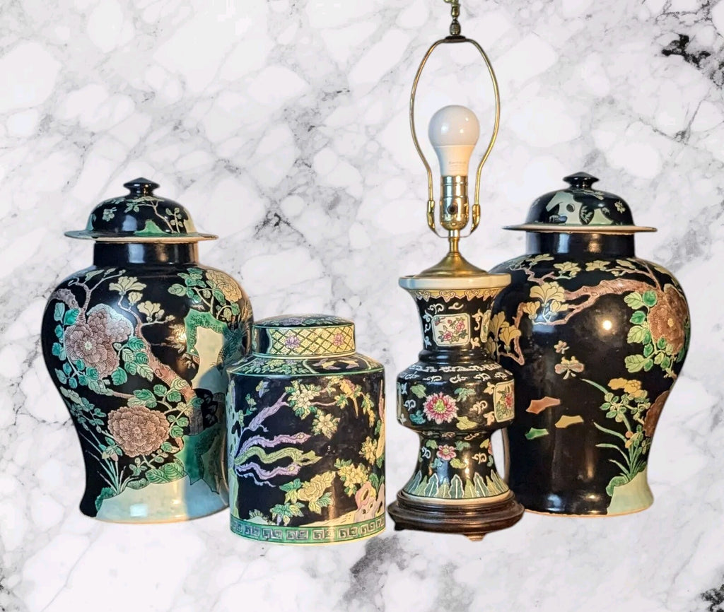 Pair Antique Chinese Famille Noire porcelain Lidded Jars-kangxi Mark Qing Black