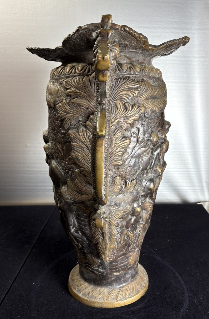 18” Rare Antique Bronze Urn Dragon Handles Mythological Relief 19th Century Art